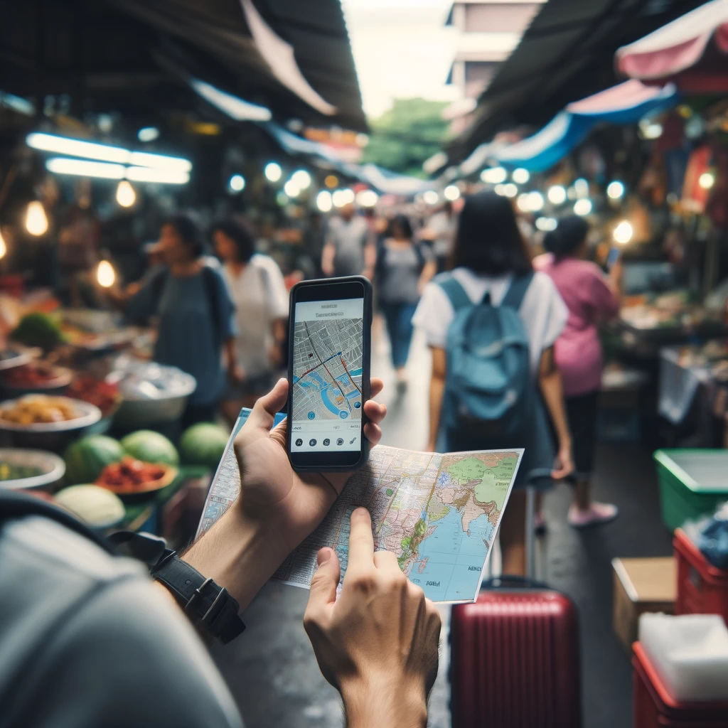 An image showing a traveler trying to navigate a local market using a map or a translation app on their phone, with an expression of mild frustration but determination.