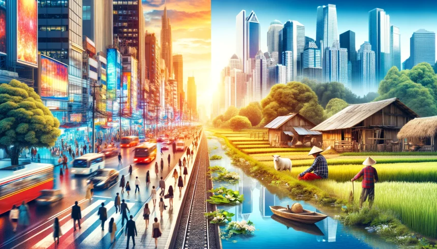 Here's the image illustrating the contrasting lifestyles between a bustling metropolis and a serene rural village. This visual captures the diversity of living environments and the different paces of life in each setting. Feel free to use this image to enhance the section of your essay discussing the variety of ways life can be lived around the world