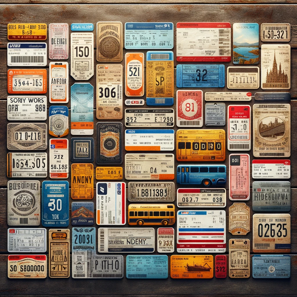 A-collection-of-diverse-public-transportation-tickets-arranged-artistically-against-a-rustic-background.-This-image-represents-the-idea-of-collecting