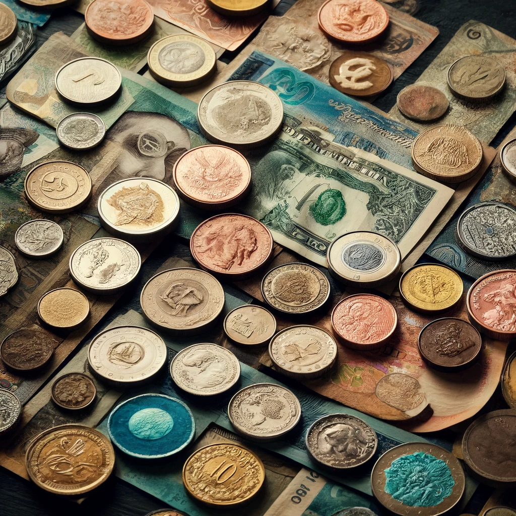 An-artistic-arrangement-of-coins-and-banknotes-from-various-countries-spread-out-on-a-dark-wooden-surface.-Each-piece-of-currency-showcases-unique