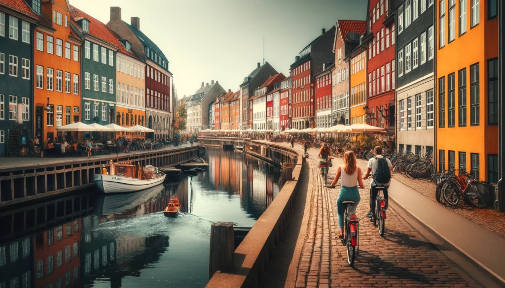 A Serene Canal in Copenhagen: Highlighting colorful buildings, bicycles, and solo travelers enjoying a bike ride along the cobblestone paths
