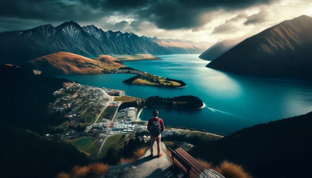 Queenstown and the Remarkables: Showcasing a solo traveler overlooking Lake Wakatipu with the Remarkables Mountain Range in the backdrop