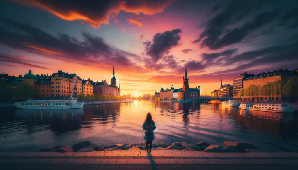 Stockholm Skyline at Sunset: Featuring the city's architecture and waterways, with a solo female traveler enjoying the view.
