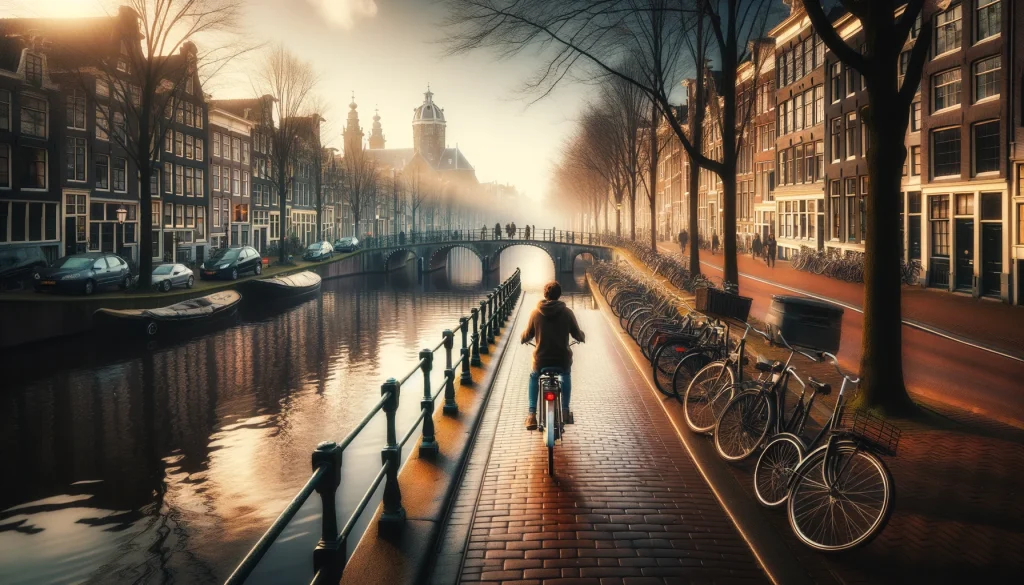 An Amsterdam Canal in the Early Morning: Depicting the calm canal, bicycles along the bridge, and a traveler on a leisurely bike ride.