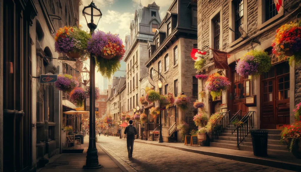 Historic Streets of Old Montreal: With vibrant flower baskets, cobblestone streets, and a solo traveler exploring the area.