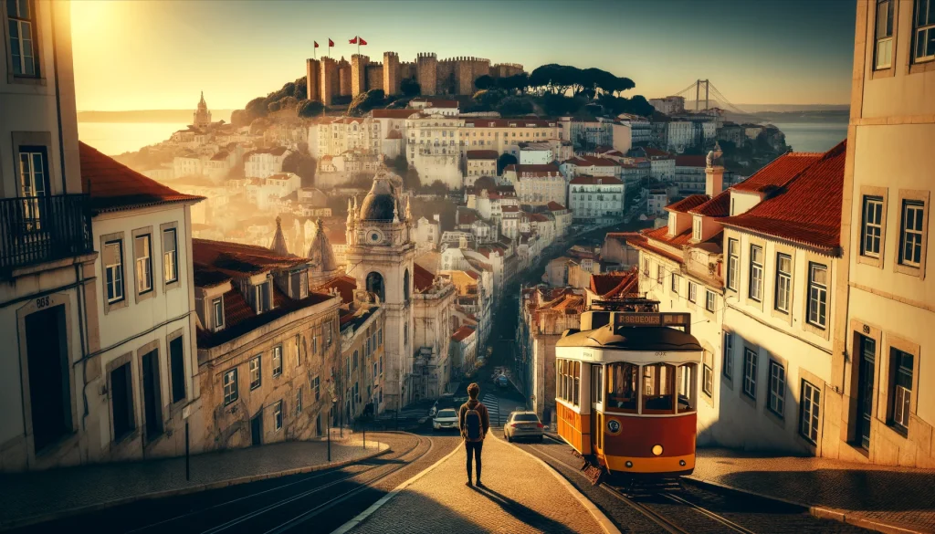 Panoramic View of Lisbon: Including the São Jorge Castle, a traditional tram, and a traveler admiring the view from a scenic overlook.