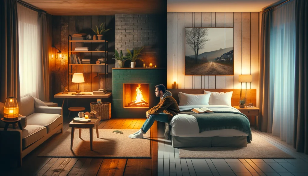 A cozy image of a living room with a warm fire, a comfortable couch, and a book, juxtaposed with an image of a traveler in a sparse, simple hotel room looking wistful.